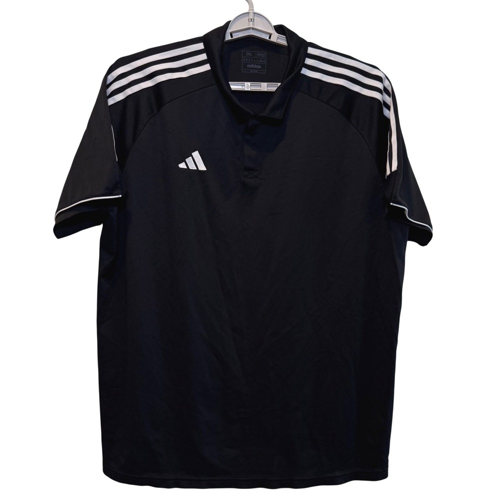 Adidas Mens 2XL Black‎ Short Sleeve 3-Stripe Athletic Polo Shirt Regular Fit